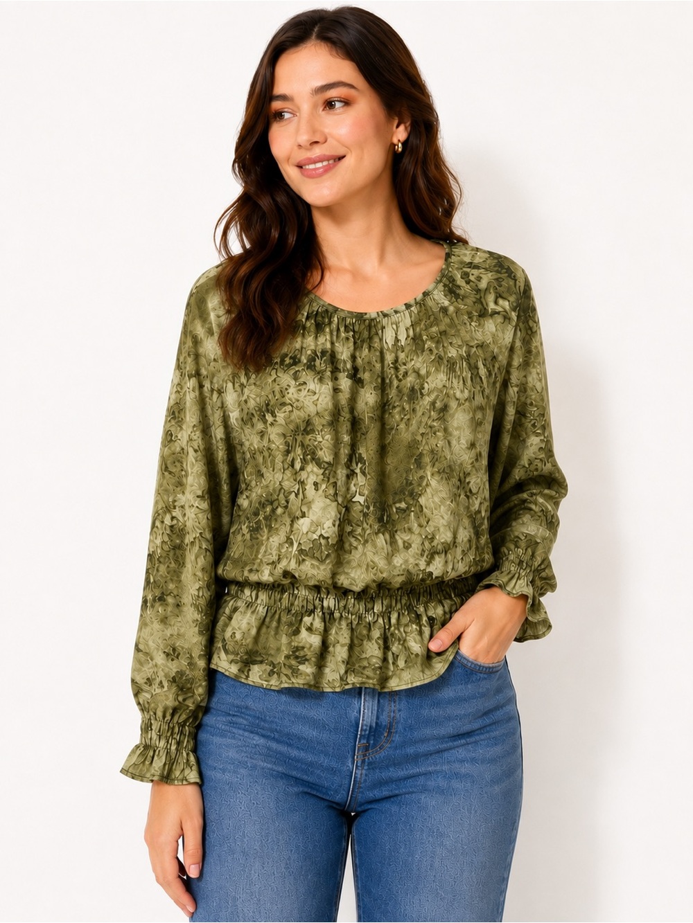 Counterparts Olive Green Abstract Print Peplum Blouse Size Medium
